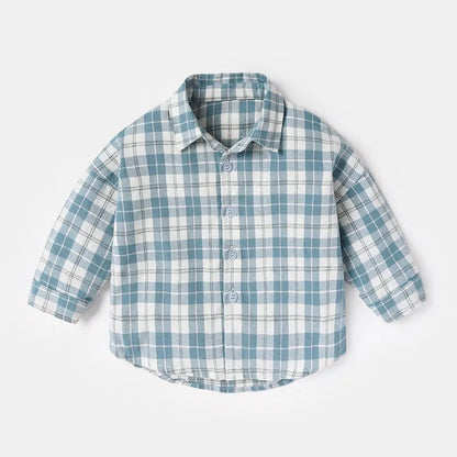 Boys' long sleeve cotton shirt with lattice animal print in light blue, sizes based on child height.