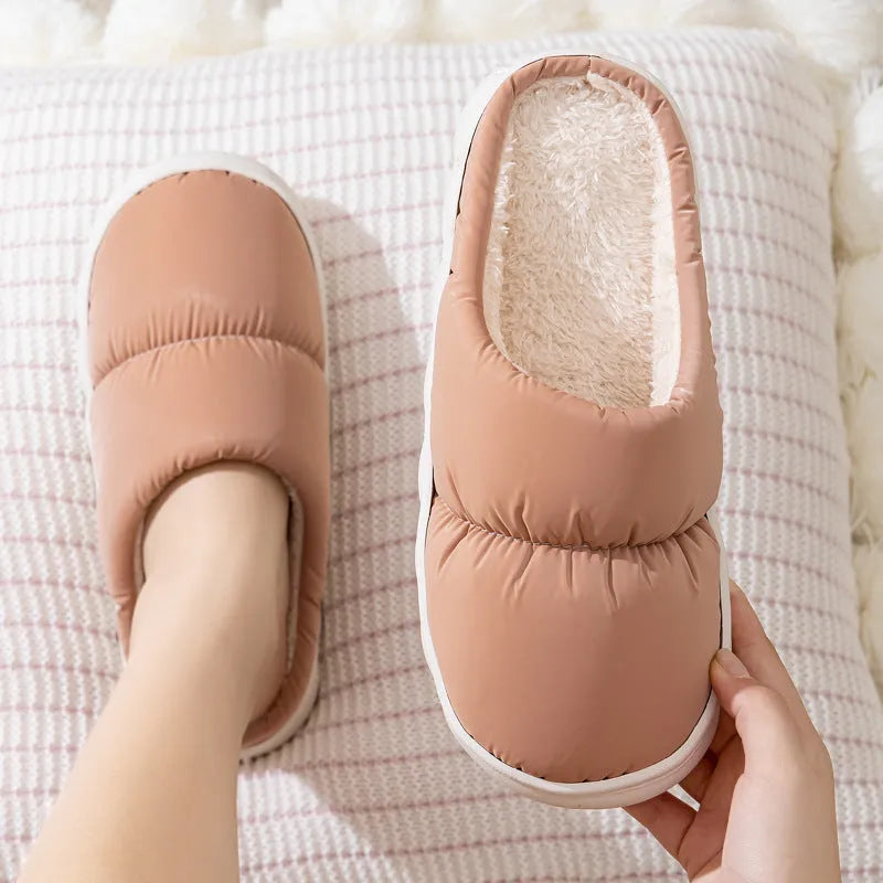 Down cotton slippers with artificial leather upper and rubber anti-slip sole in blue colour