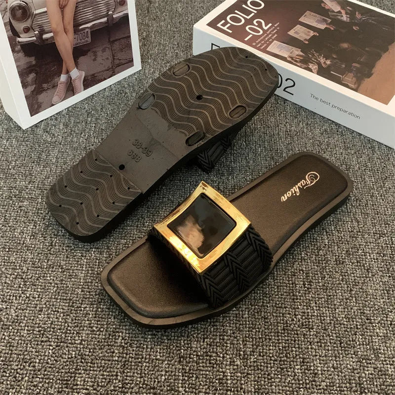 Women's summer flat slippers in apricot, black, and khaki colours with PVC non-slip soles