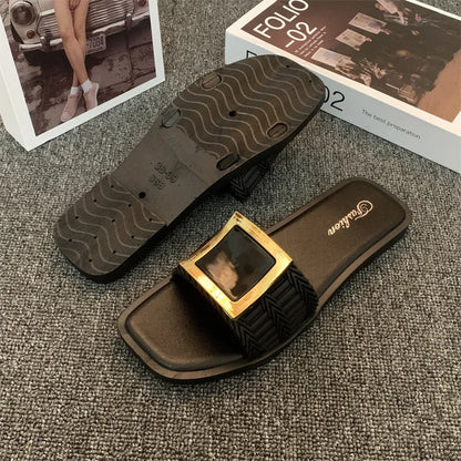 Women's summer flat slippers in apricot, black, and khaki colours with PVC non-slip soles