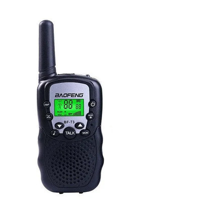 Two children's handheld walkie talkies in bright colours showing channel selector and antenna.