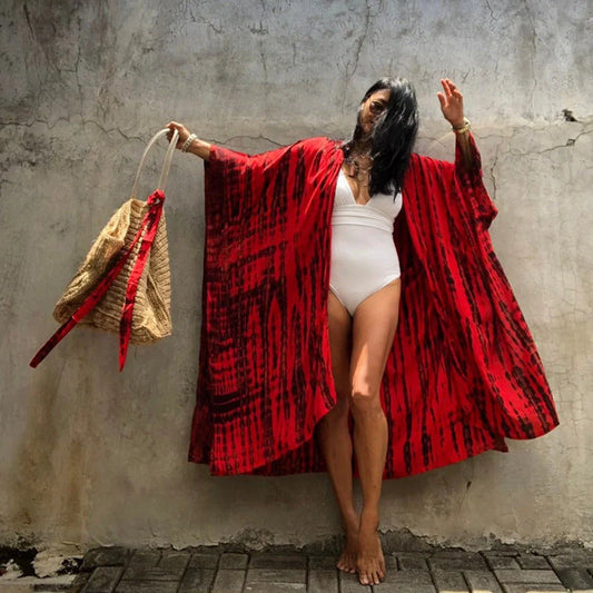 Boho printed fringed kimono cover-up for women, perfect for beach and poolside lounging.