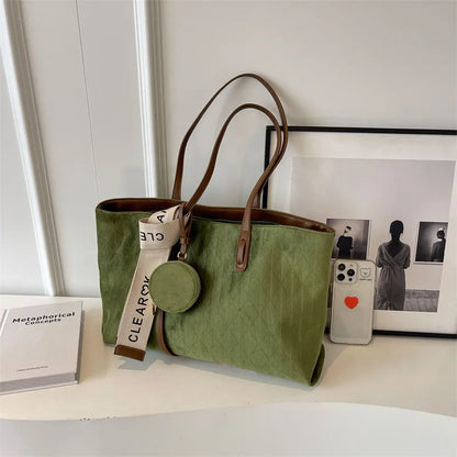 Large soft polyester casual tote shoulder bag in a horizontal square shape with sandwich pockets.