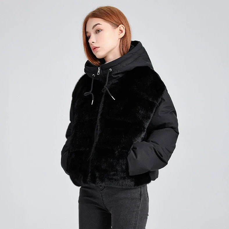 High-waisted feather down plush short jacket with 3D pattern in loose fit