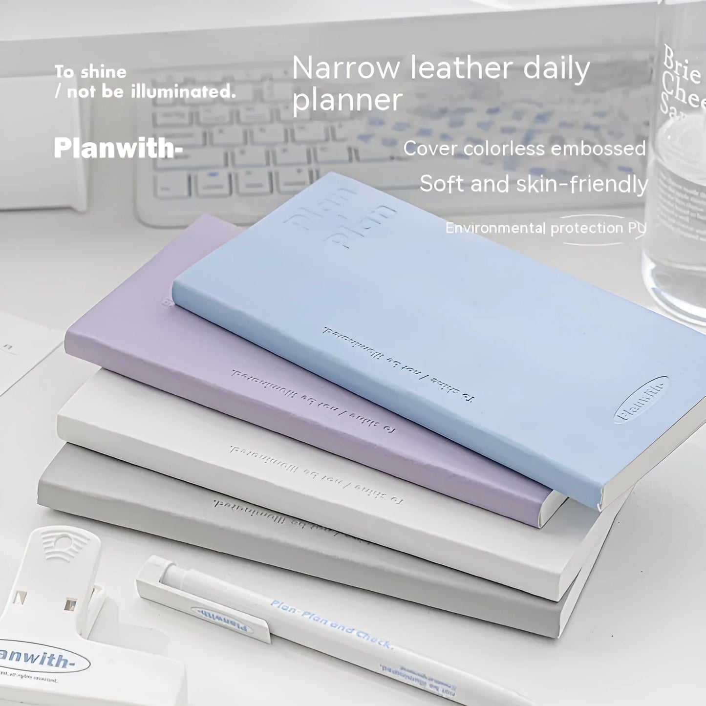 A5 embossed meter book with paper cover showing five colour options: white, purple, blue, grey, and protective cover