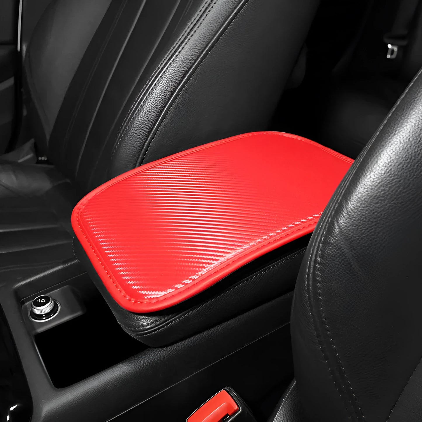 Universal leather car armrest cushion mat for centre console tray, shown in black colour, dimensions 29x19 cm.