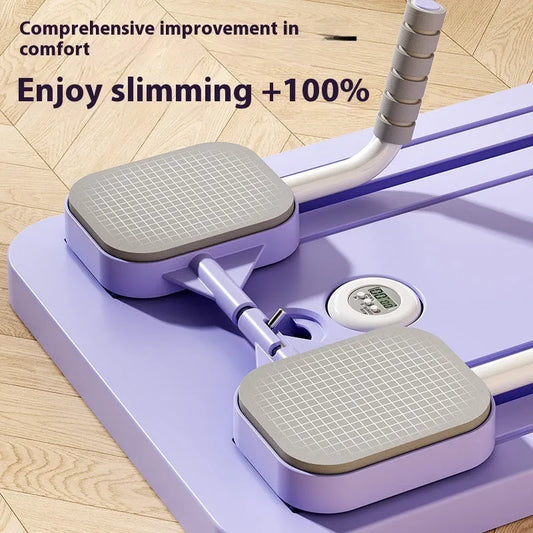 Multi-functional household fitness board with automatic rebound abdominal wheel, purple colour, dimensions 106x41x7cm