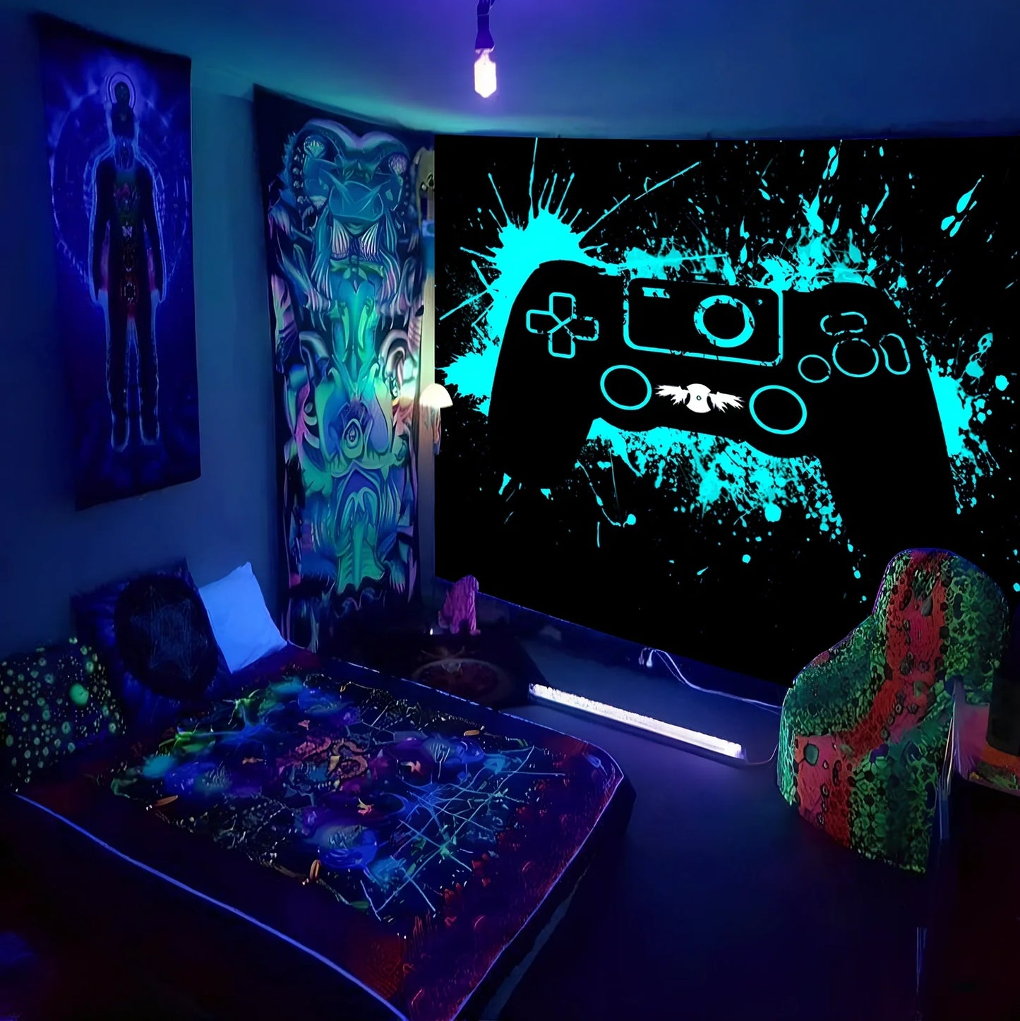 Fluorescent tapestry wall hanging with glow properties in multiple sizes from 150x100cm to 230x180cm