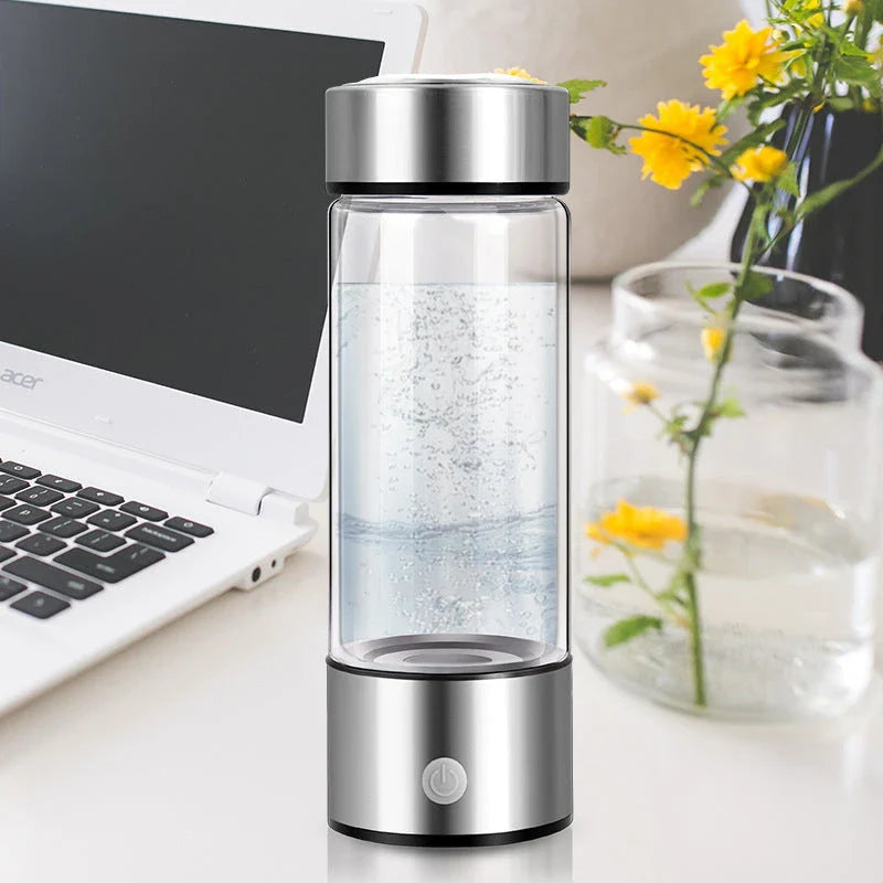 Premium hydrogen water bottle with rechargeable generator, crafted with borosilicate glass for improved cellular health and hydration
