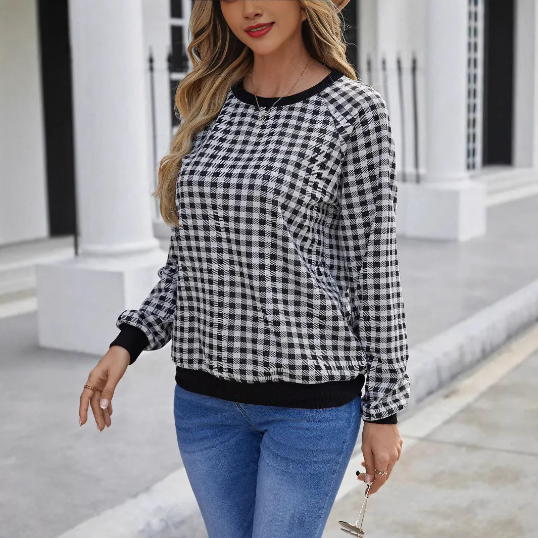 Black plaid long sleeve pullover sweater with printing, sizes S to XXL
