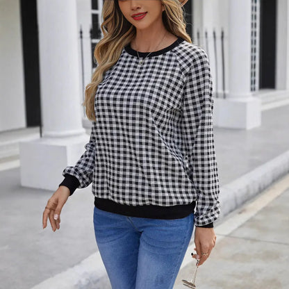 Black plaid long sleeve pullover sweater with printing, sizes S to XXL