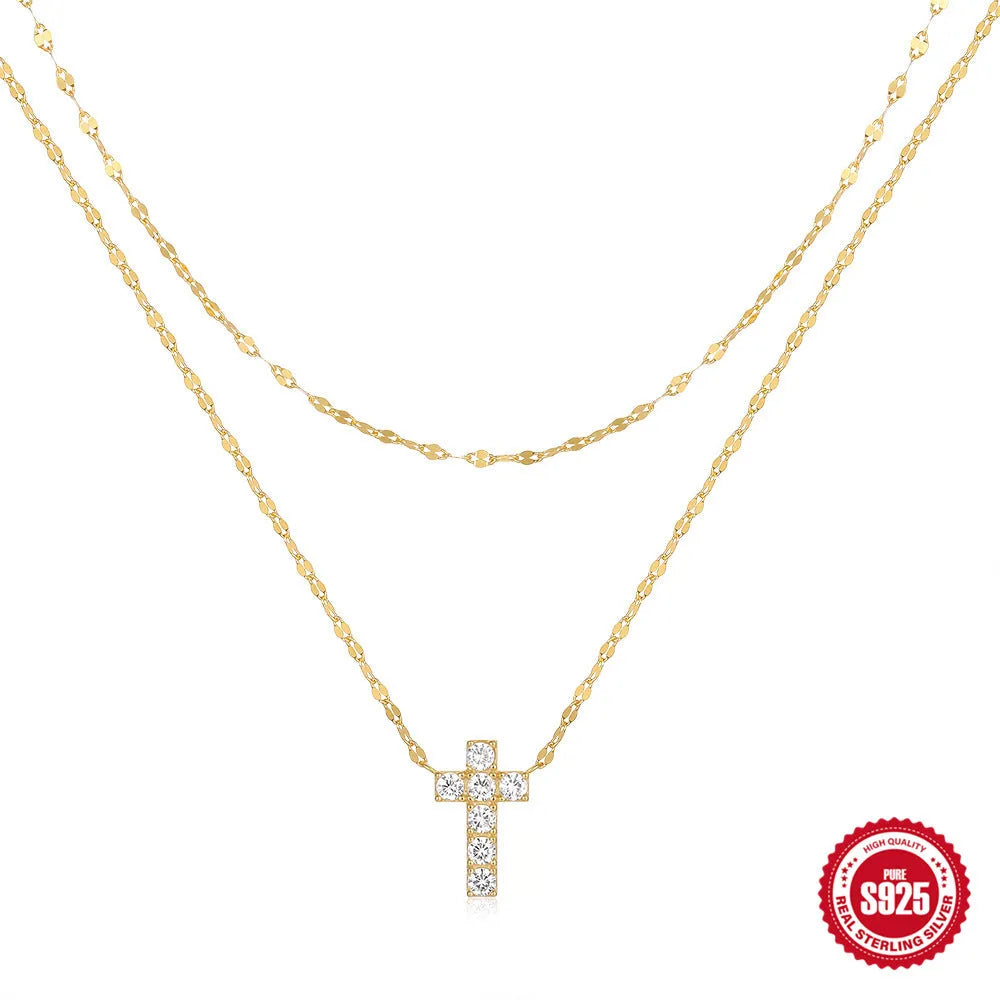 S925 sterling silver double layer twin diamond cross pendant on adjustable 40-45cm chain