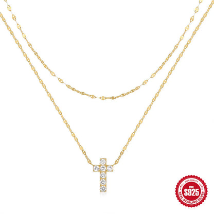 S925 sterling silver double layer twin diamond cross pendant on adjustable 40-45cm chain
