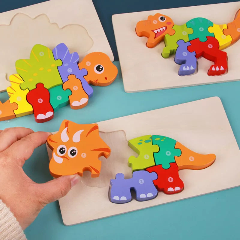 Wooden dinosaur 3D puzzle set for kids, including six different dinosaur models