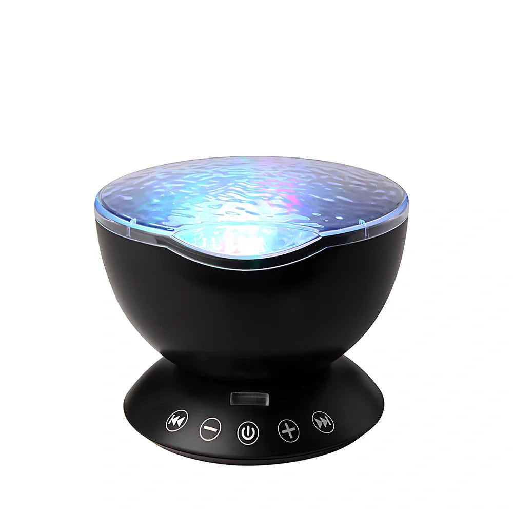 White and blue ocean wave projector measuring 13x12x12 cm with remote control