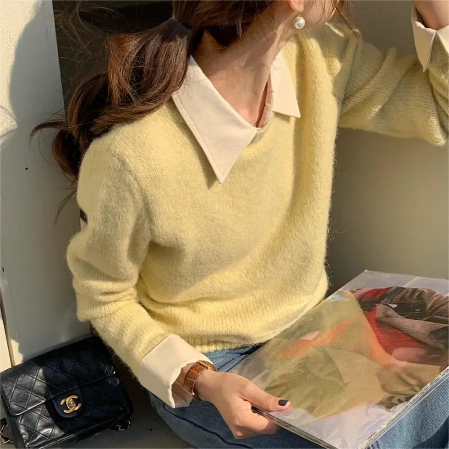 Women's loose knit top with contrast colour lapels in polyester fabric, available in seven colours