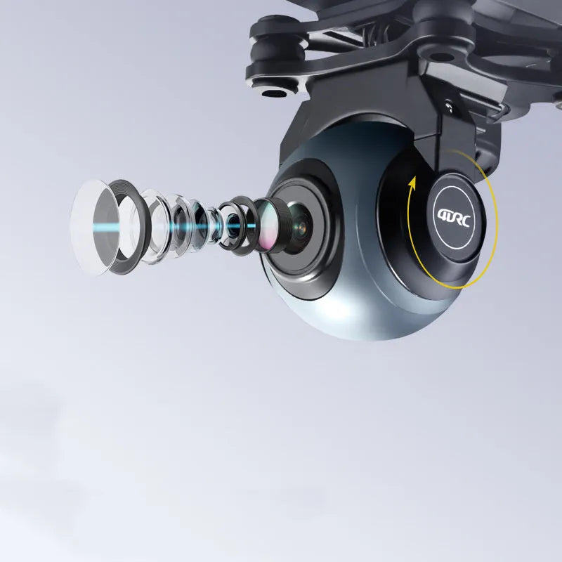 Black plastic quadrocopter drone with four rotors, remote control handle, and dual cameras
