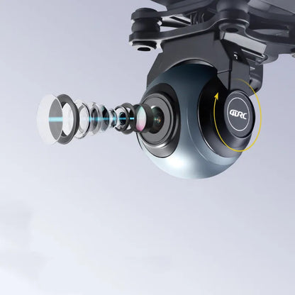 Black plastic quadrocopter drone with four rotors, remote control handle, and dual cameras