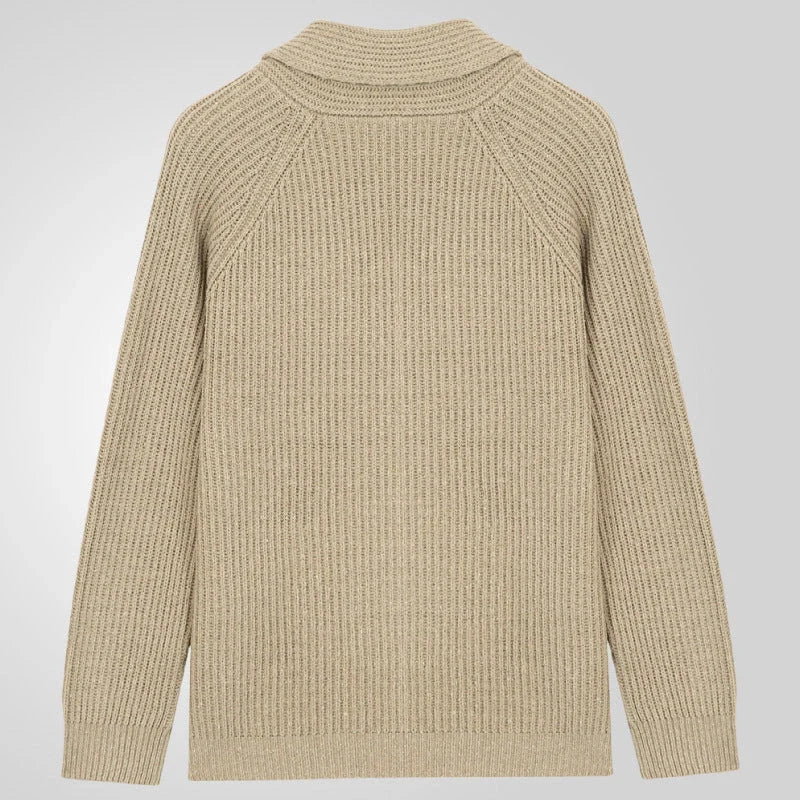 Men's knitted cardigan sweater in khaki color with button closure and pockets