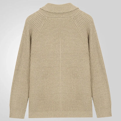 Men's knitted cardigan sweater in khaki color with button closure and pockets