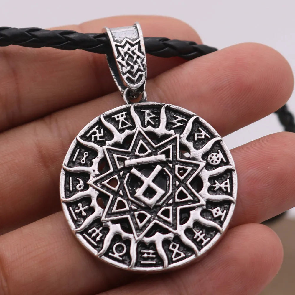 Lunavin ODing text logo pendant on an adjustable snake bones chain and leather rope in antique bronze finish.