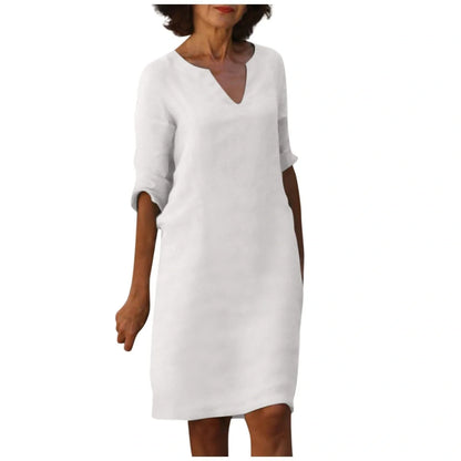 Retro cotton and linen V-neck dress with high waist and summer stitching in various colors