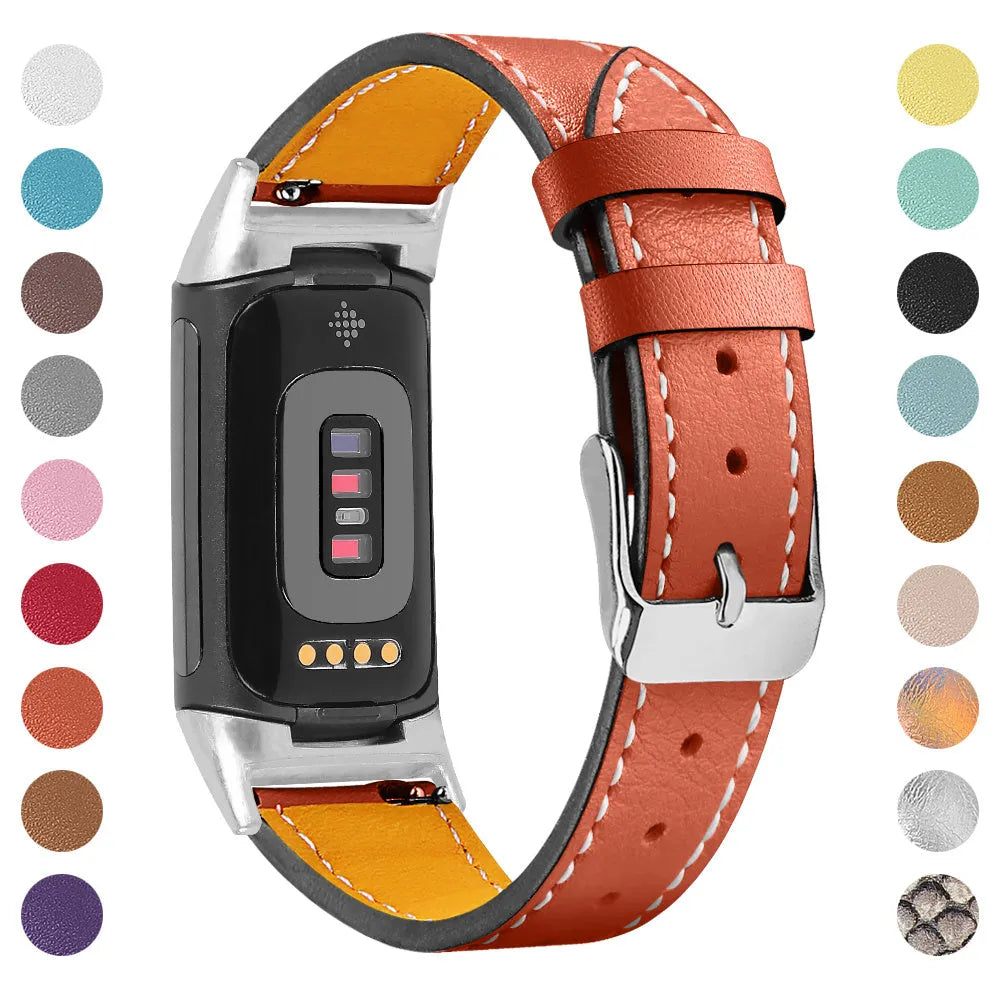 Genuine leather strap for Fitbit charge5 and charge6 in selected colour with adjustable buckle showing 5.5-8.1 inch length