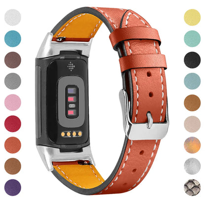 Genuine leather strap for Fitbit charge5 and charge6 in selected colour with adjustable buckle showing 5.5-8.1 inch length