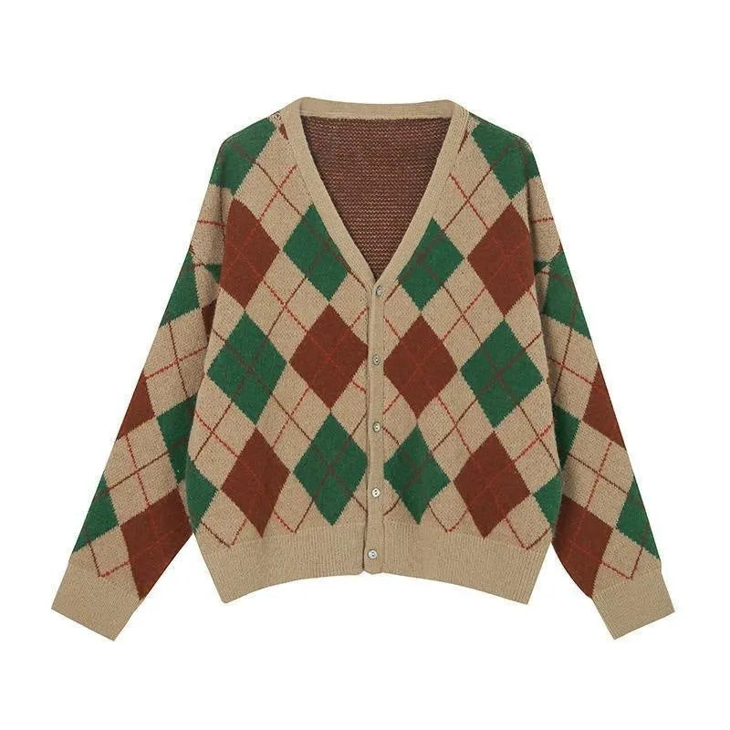 Light khaki knitted acrylic cardigan with regular sleeves on a hanger, free size.