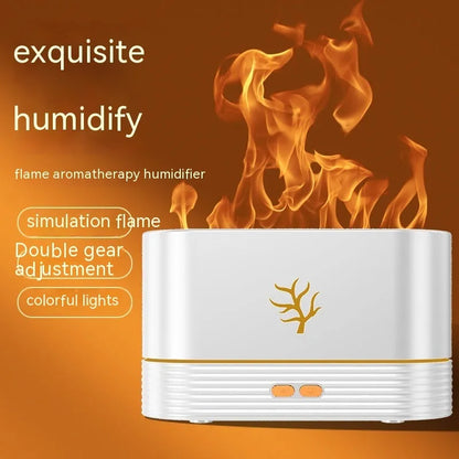 White square USB flame humidifier and aroma diffuser showing realistic LED fire effect.