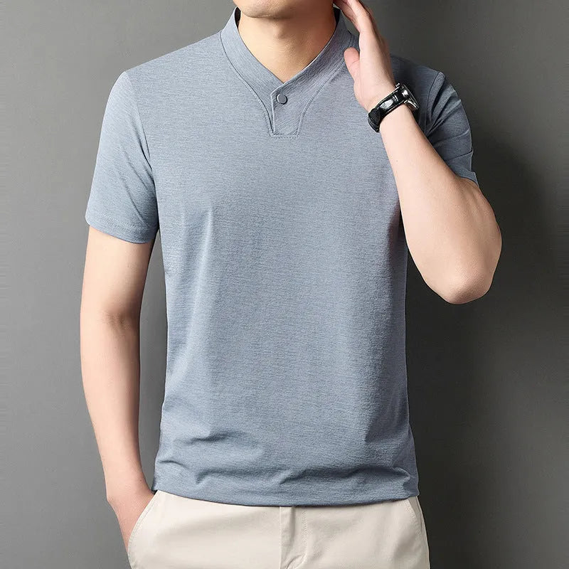 Men's short sleeve casual t-shirt with a zipper front detail, shown in one of the available colours.