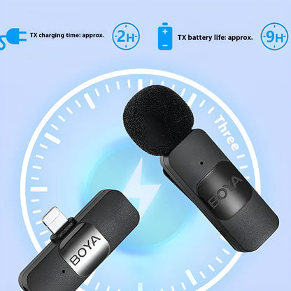 Wireless collar clip microphone with 2.4GHz transmission and USB-C charging for mobile live streaming and video recording