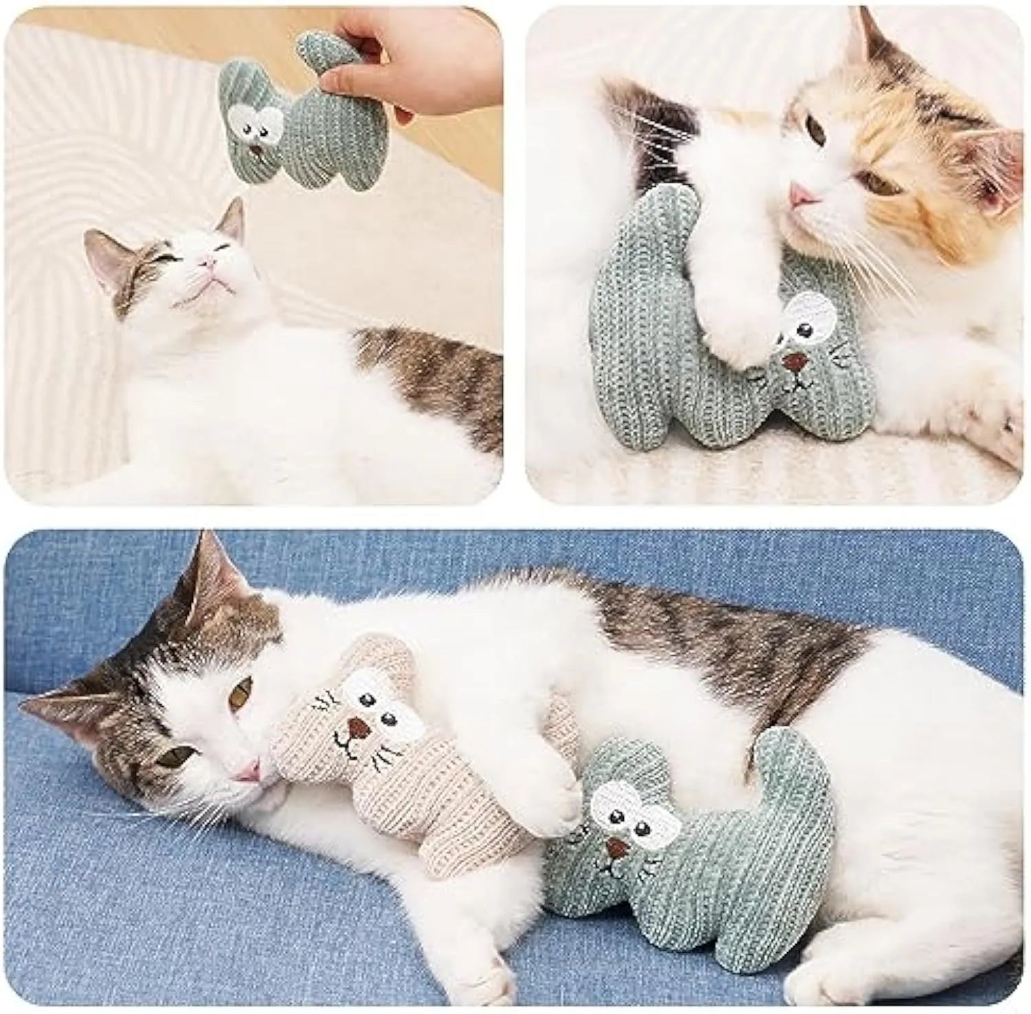 Cyan knitted plush cat toy with bell and organic catnip filling for cats to chew and play with.