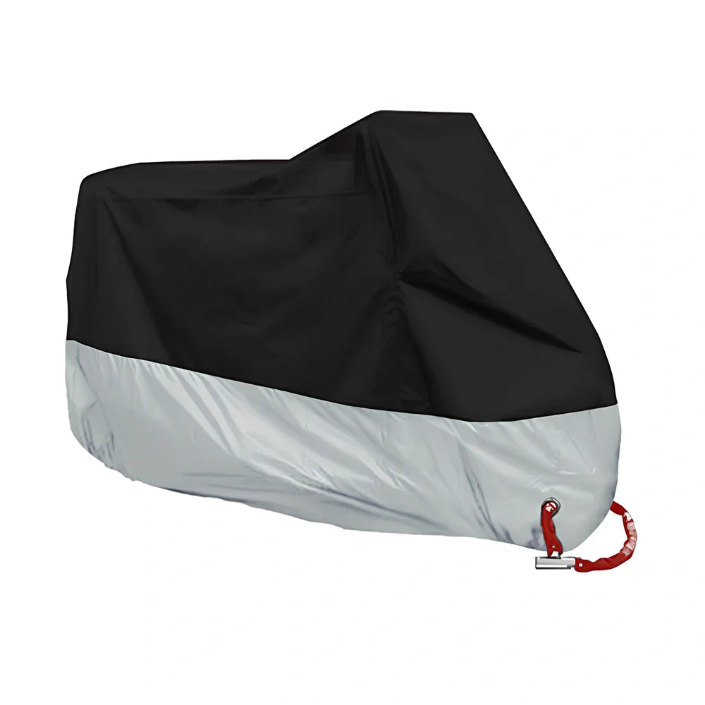 Silver coated motorbike cover showing colour blocking design on black background