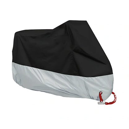 Silver coated motorbike cover showing colour blocking design on black background