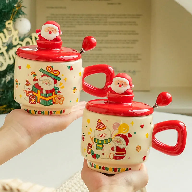 Christmas Ceramic Cup With Lid 8cm Height 9cm Caliber 301-400ml Cartoon Snowman Tree Stocking Gift Box Round Single Layer Office Home Coffee Shop Use