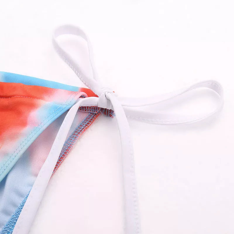 Women's three-piece split swimsuit in cotton blend, available in orange, pink, and purple