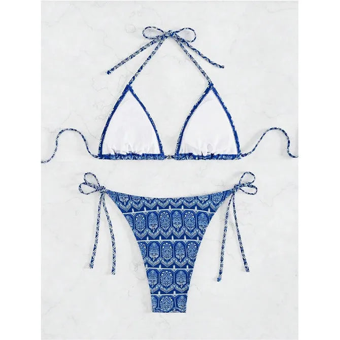 Women's bandage swimsuit with split bikini printing and stitching detail in polyester fabric