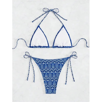 Women's bandage swimsuit with split bikini printing and stitching detail in polyester fabric