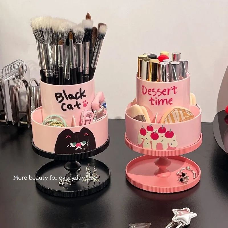 Rotating cosmetic brush barrel in beige colour with storage rack, showing Japanese-style design and 18L capacity