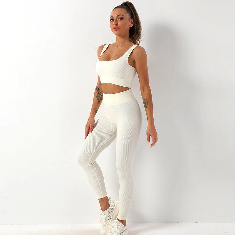 Seamless yoga set with high-waist leggings and supportive sports bra for women's fitness and activewear