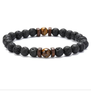 Stylish men's bracelet made with natural volcanic stone, flash stone, and wood chip in a geometric, mosaic-like design
