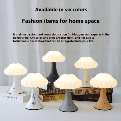 Mushroom-shaped touch lamp with USB charging port, 16cm diameter, in wood grain finish