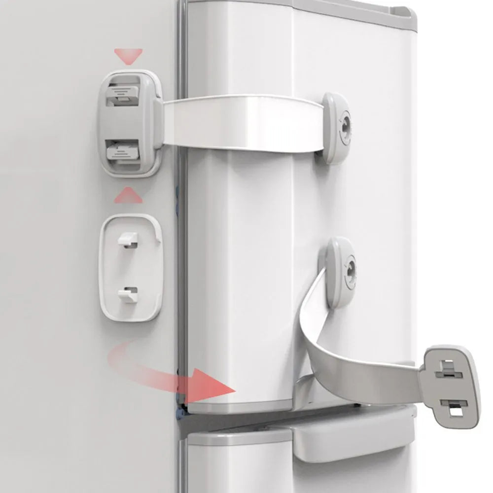 Grey adjustable child safety lock strap with 3M adhesive, shown securing a cabinet door.
