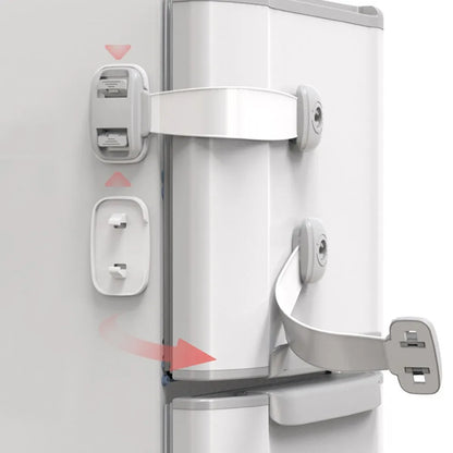Grey adjustable child safety lock strap with 3M adhesive, shown securing a cabinet door.