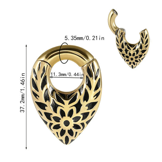 Drop-shaped stainless steel ear extender with round hanging egg design and totem etching in four colour variations