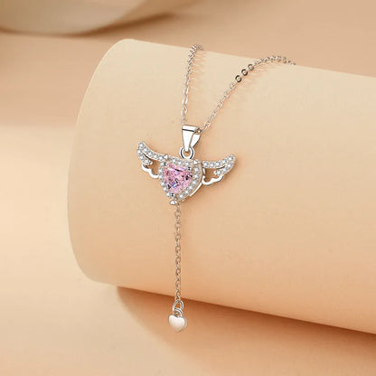 Cupid heart angel wings necklace with titanium steel, zircon crystal and 41-50cm O-shaped chain in silver or gold