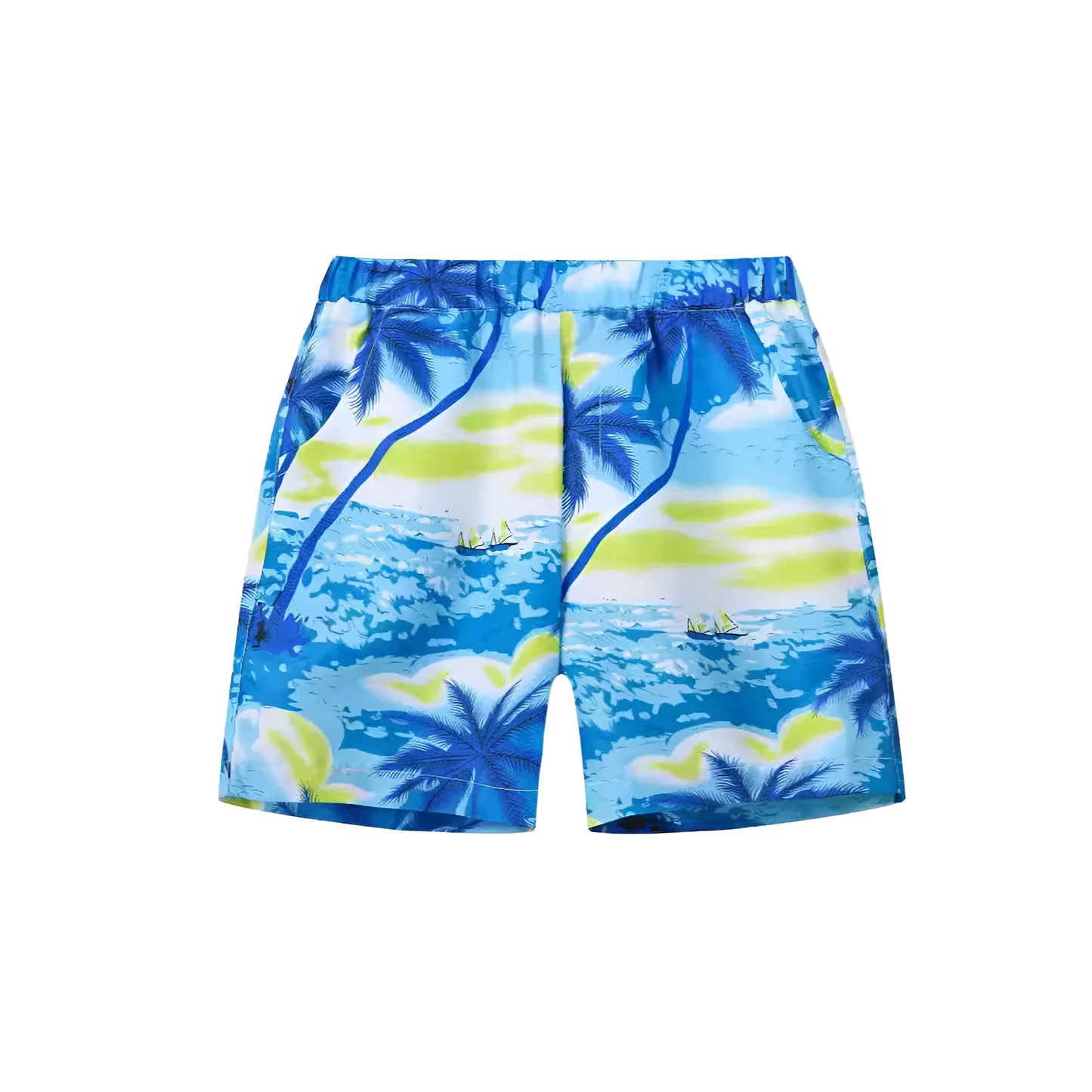 Colourful printed beach shorts with elastic waistband showing tropical patterns including coconut trees and pineapples