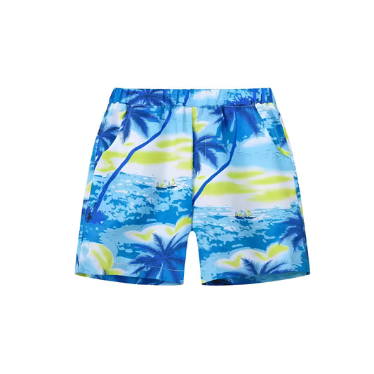 Colourful printed beach shorts with elastic waistband showing tropical patterns including coconut trees and pineapples