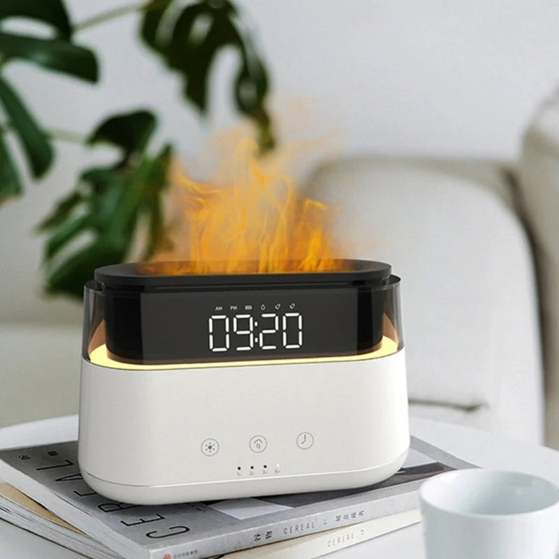 White flame humidifier with clock and aromatherapy function